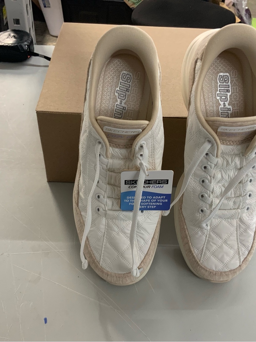 Skechers Women’s Quilted Cream & Tan Slip-In Comfort Sneakers - Picture 1 of 5